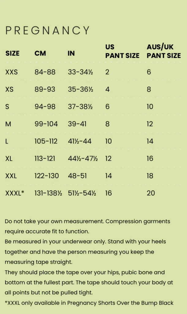 SRC pregnancy garments size guide.
