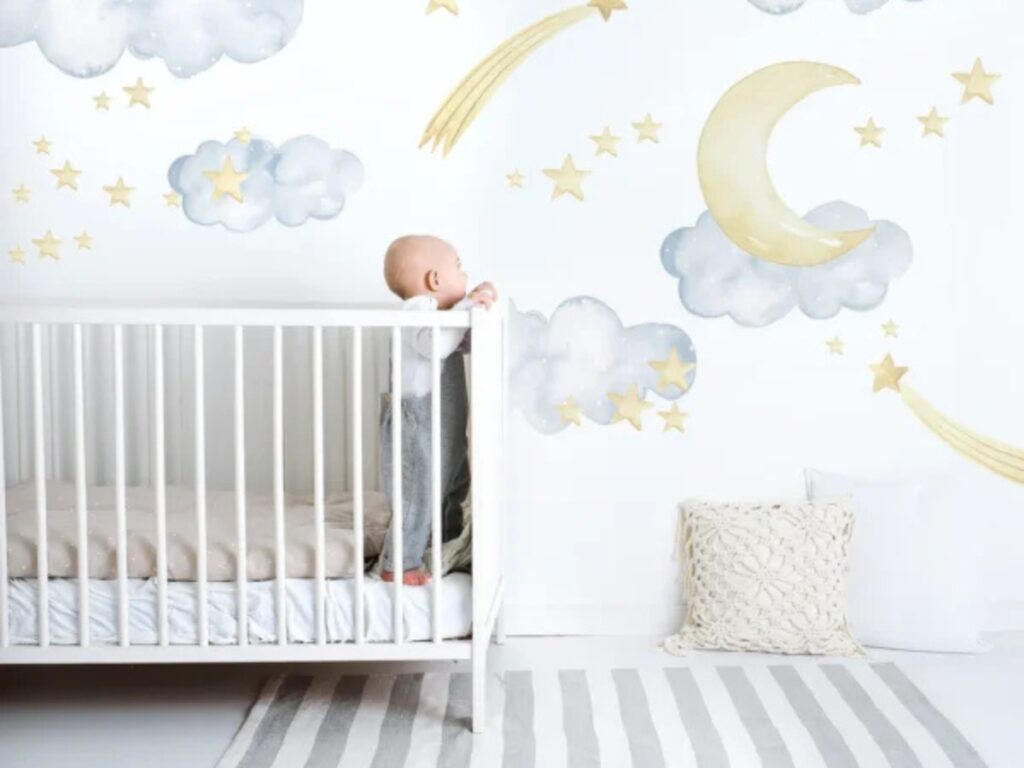 The Ginger Monkey Blue Clouds, Stars & Moon Decals from Babyroad for a gender neutral nursery.