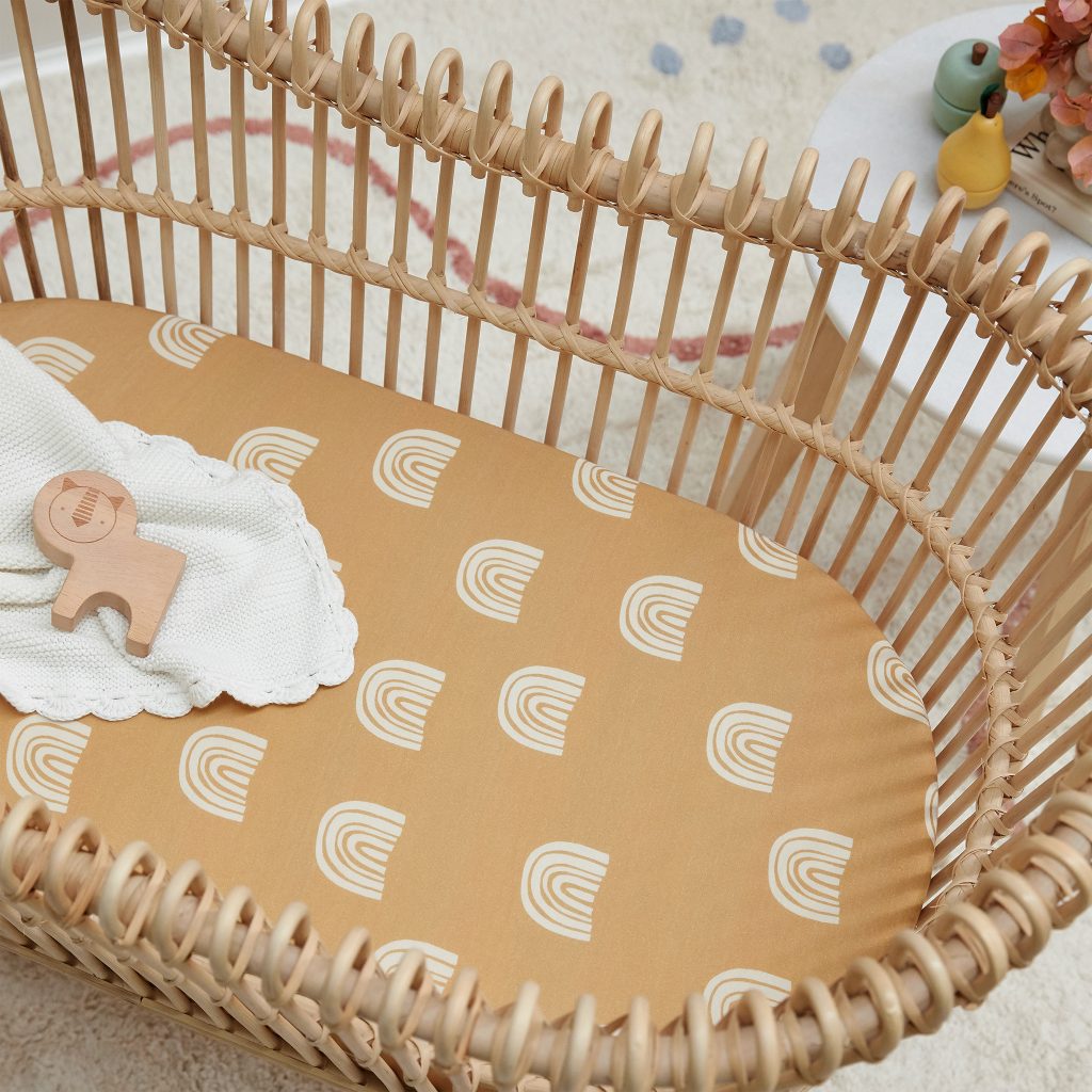Mulberry Threads Bamboo Jersey Bassinet Fitted Sheet Mustard Rainbows