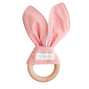 Alimrose Bailey Bunny Teether Pink with White Spots Linen