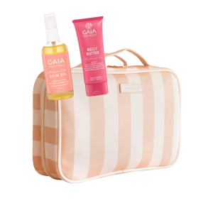 Cosmetic bag with gaia care products.
