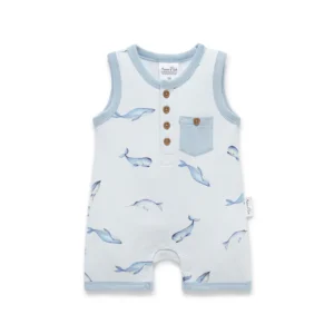 Hand-illustrated whales drifting across a blue base Aster & Oak Under The Sea Henley Romper