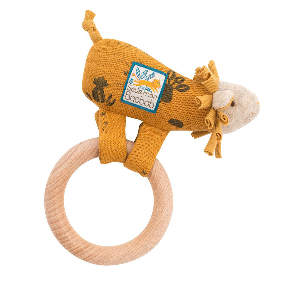 Moulin Roty Sous Mon Baobab Wooden Lion Ring Rattle Paprkia the Lion, made of a bright yellow pattern, with a hidden rattle. Little ones will love the smooth wooden ring attached by Velcro straps.