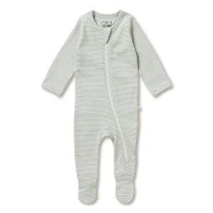 Wilson & Frenchy Organic Stripe Rib Zipsuit With Feet Fern