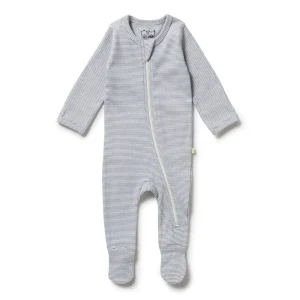Wilson & Frenchy Organic Stripe Rib Zipsuit With Feet Rain Drop