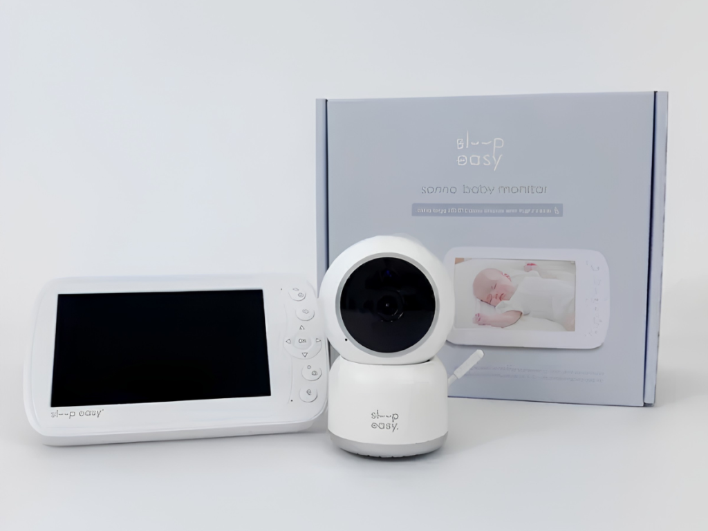 Baby monitor camera and screen displayed with product packaging