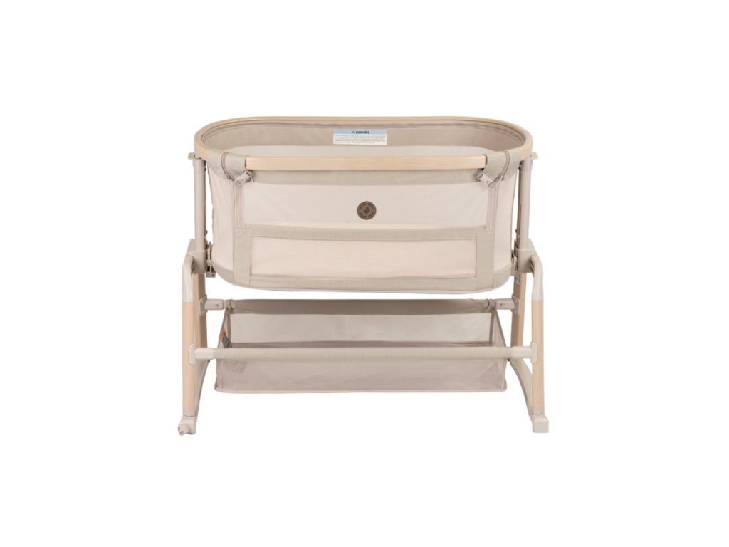 Bedside baby sleeper with mesh sides and wooden-look frame