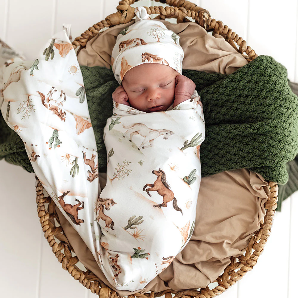 Snuggle Hunny Wild Horses Organic Jersey Wrap & Beanie Set1 Snuggle Hunny Wild Horses Organic Jersey Wrap & Beanie Set - Image 2