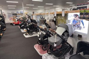 Babyroad showroom pram display with a range of prams and strollers.