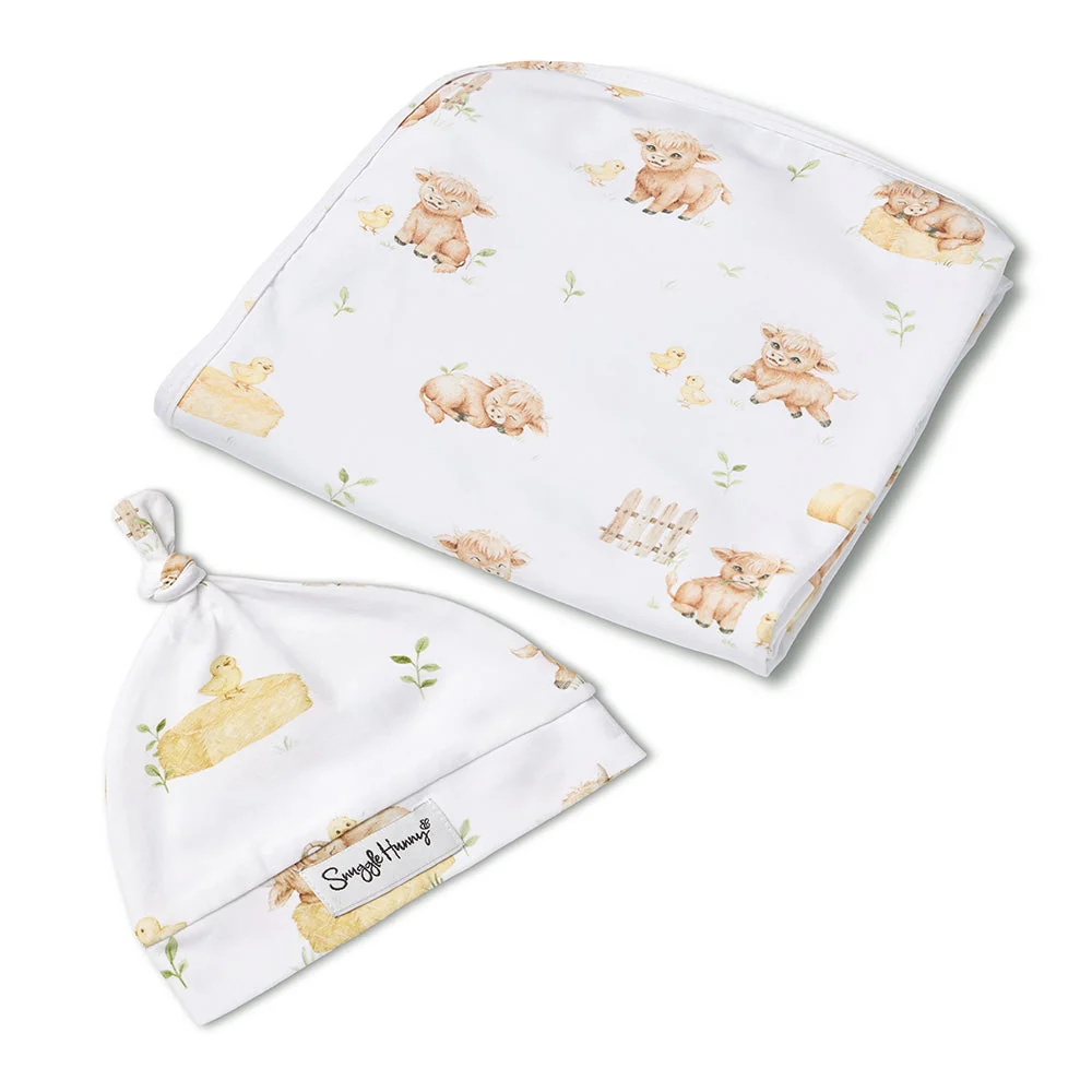 Snuggle Hunny Highland Cows Organic Jersey Wrap & Beanie Set Snuggle Hunny Highland Cows Organic Jersey Wrap & Beanie Set